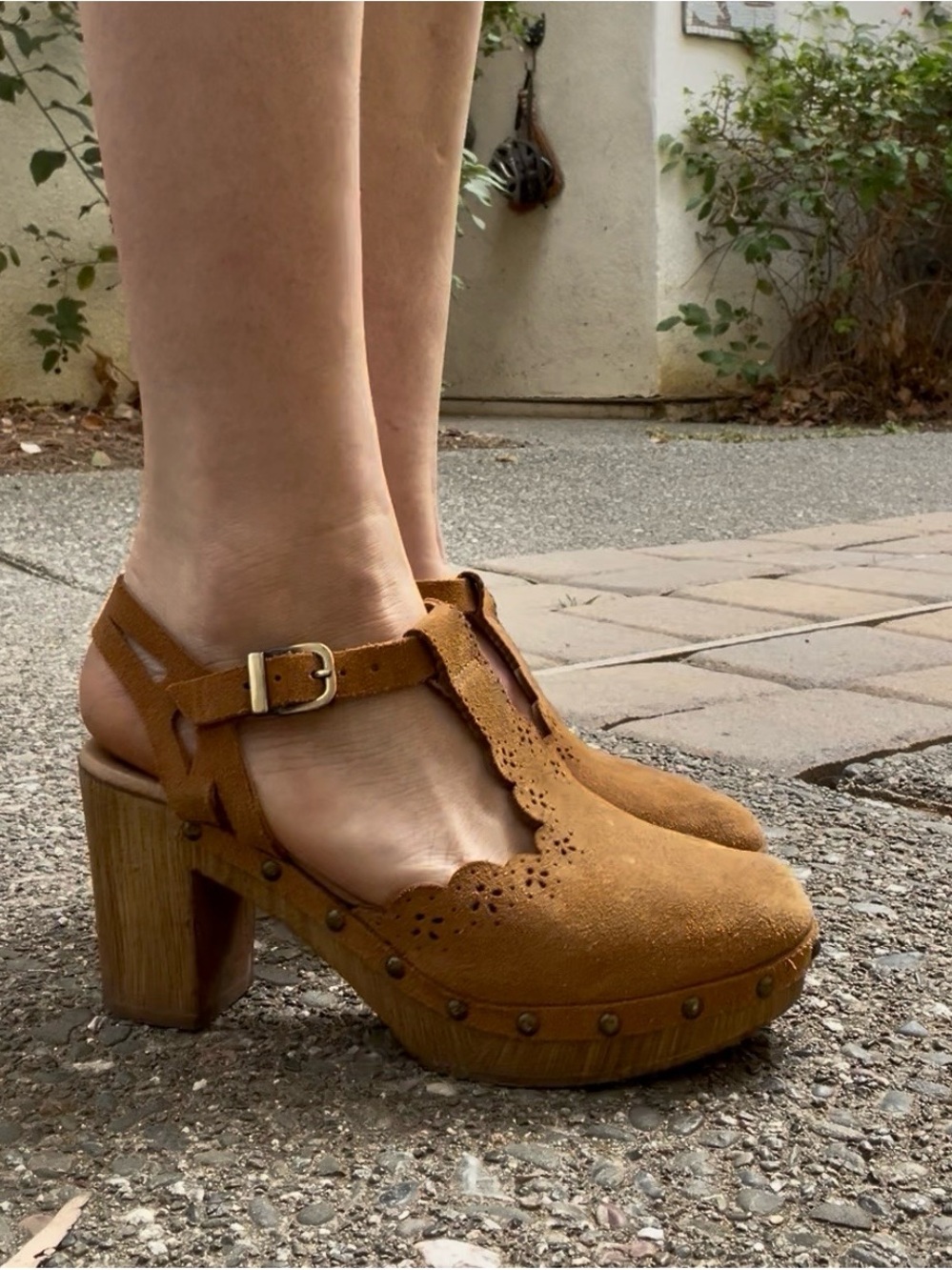 Eric Michael Cognac Suede Scalloped T-Strap Clogs